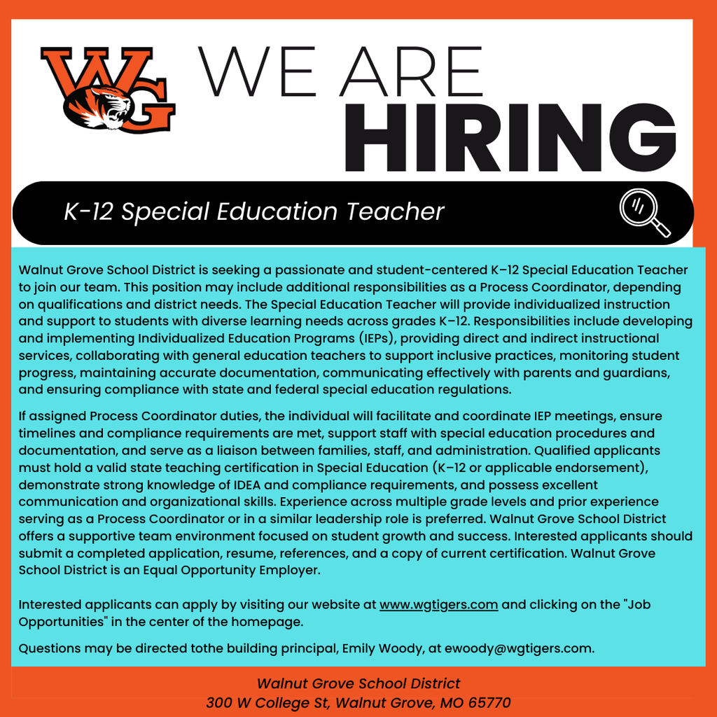 K-12 Sped Teacher Position - 2026-2027 School year