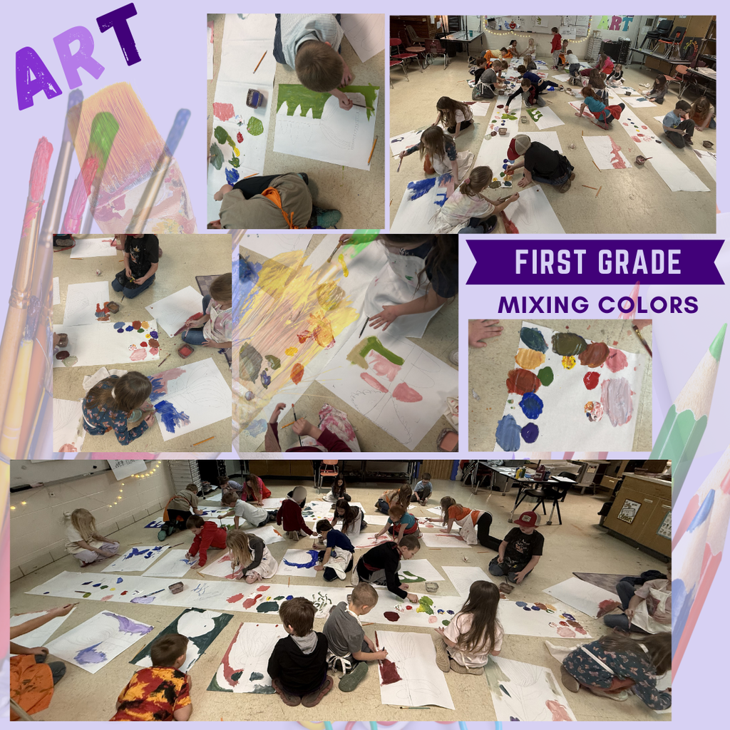 First grade students in art class mixing colors
