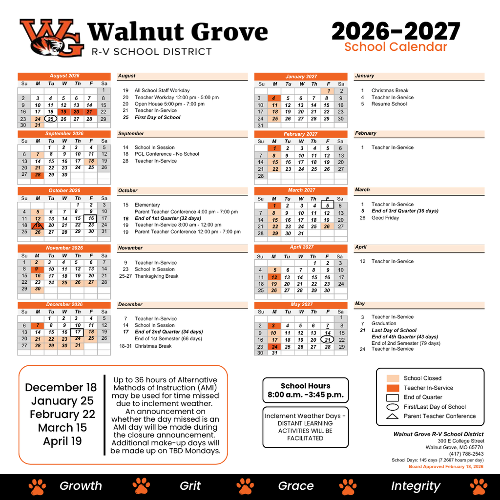 2026-2027 School Calendar