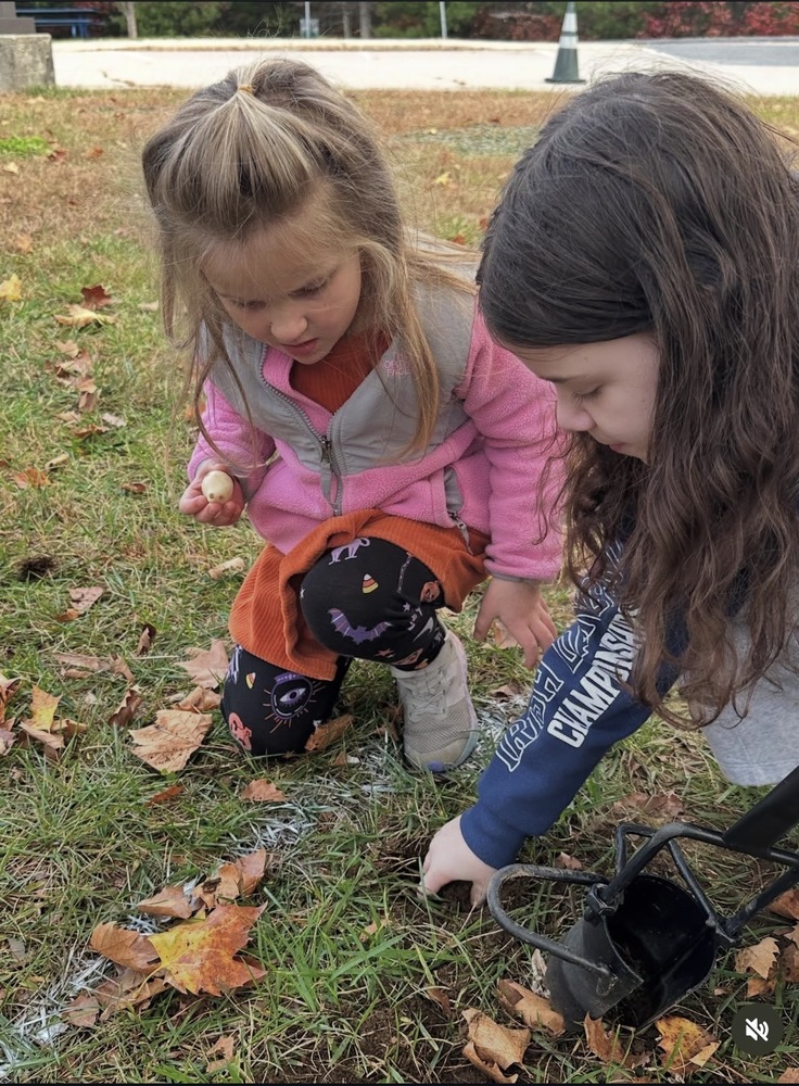kindergartener and grade 5 student planting tulip bulbs