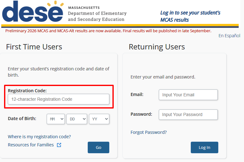DESE Family Portal screenshot