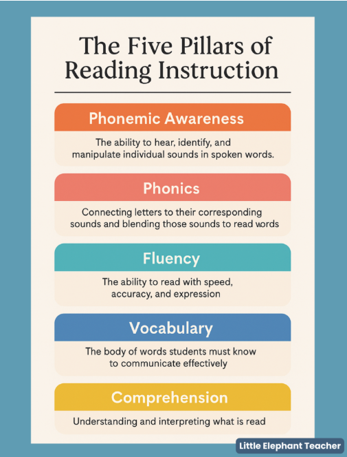 The Five Pillars of Reading Instruction - Phonemic Awareness, Phonics, Fluency, Vocabulary and Comprehension.