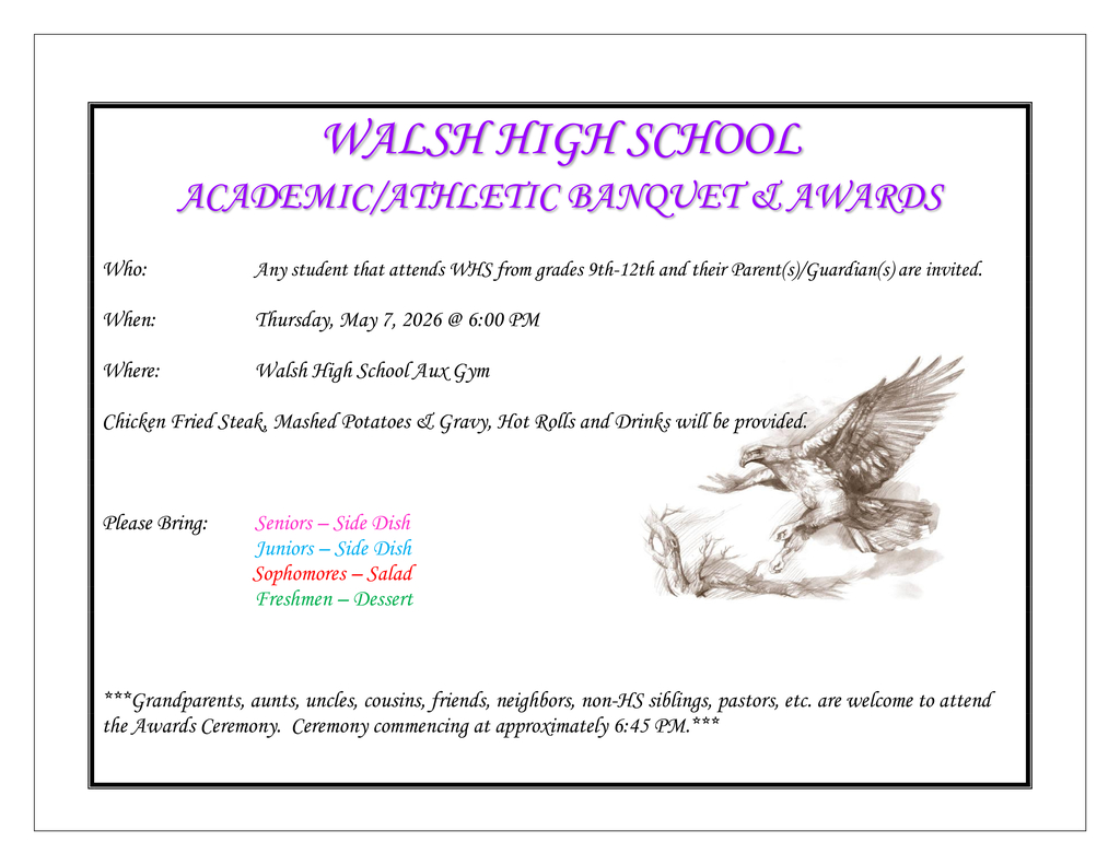 WHS Academic/Athletic Banquet & Awards May 7th, 2026 6 pm