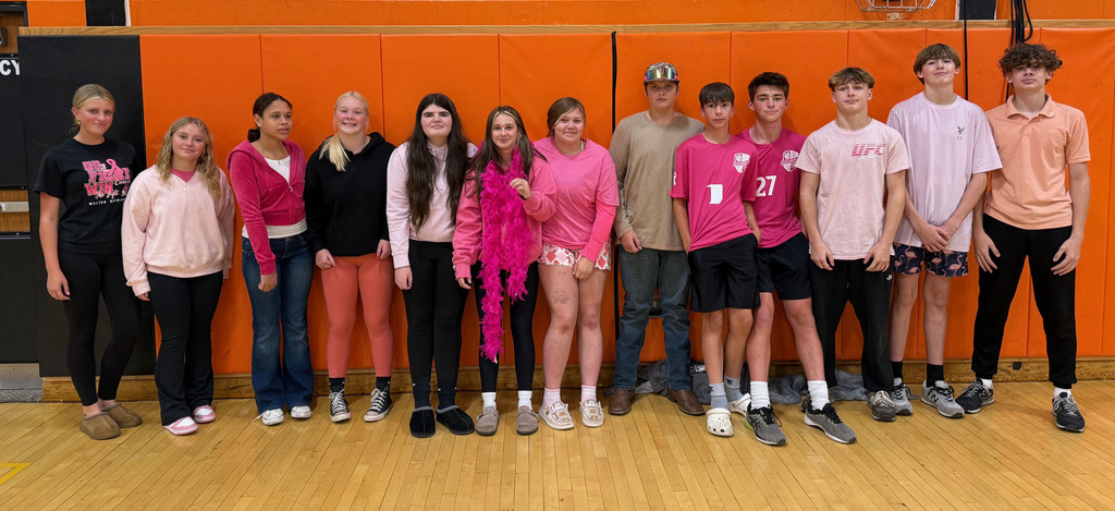 Students taking part in the Pink Out! day during spirit week.