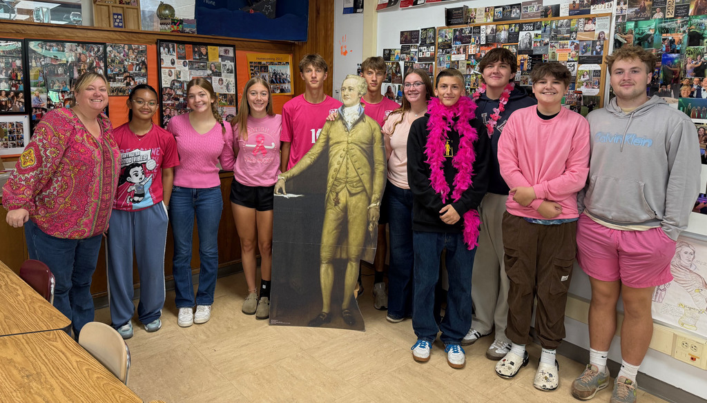 Students taking part in the Pink Out! day during spirit week.