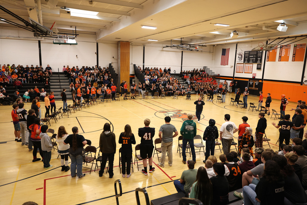 Students taking part in the pep rally on Thursday afternoon.
