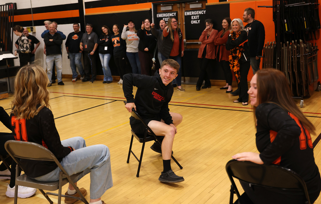 Students taking part in the pep rally on Thursday afternoon.