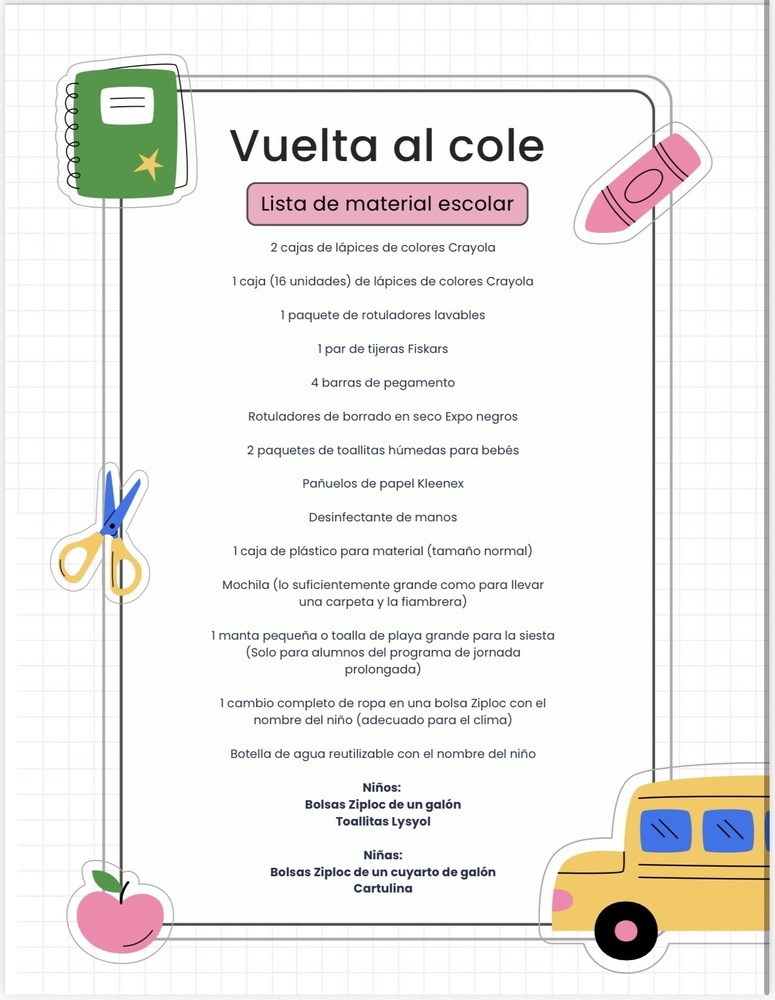 Lista de Útiles Escolares para el Año Escolar 2026-2027