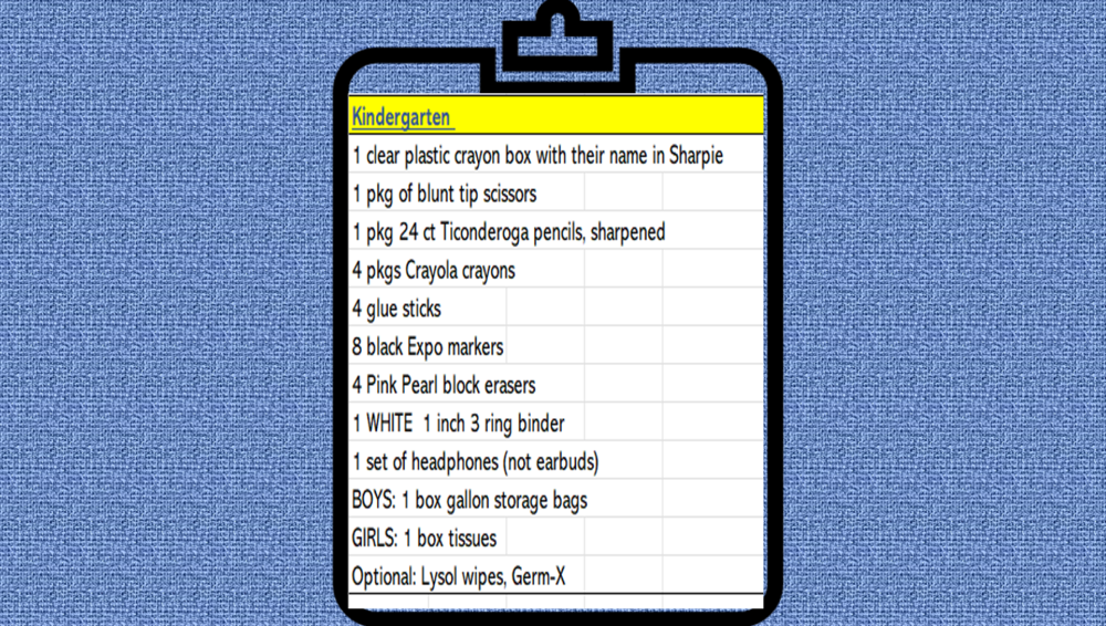 Kindergarten supply list