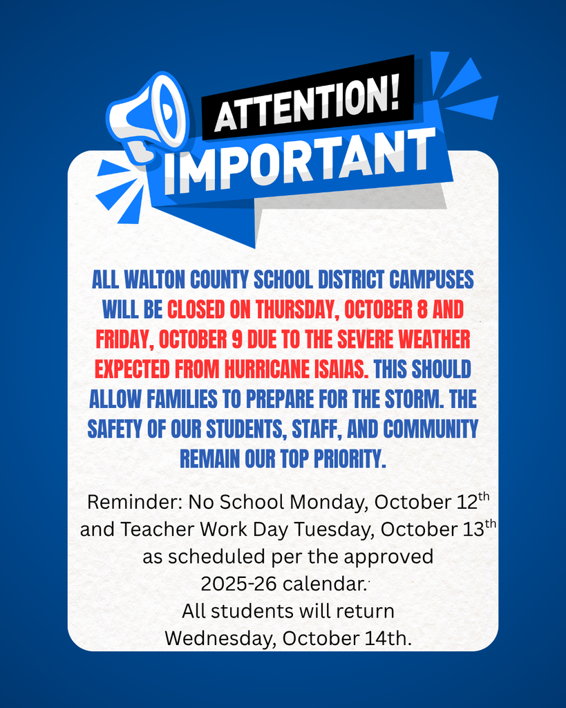 School closed Thursday, October 8 and Friday, October 9 due to Hurricane Isaias