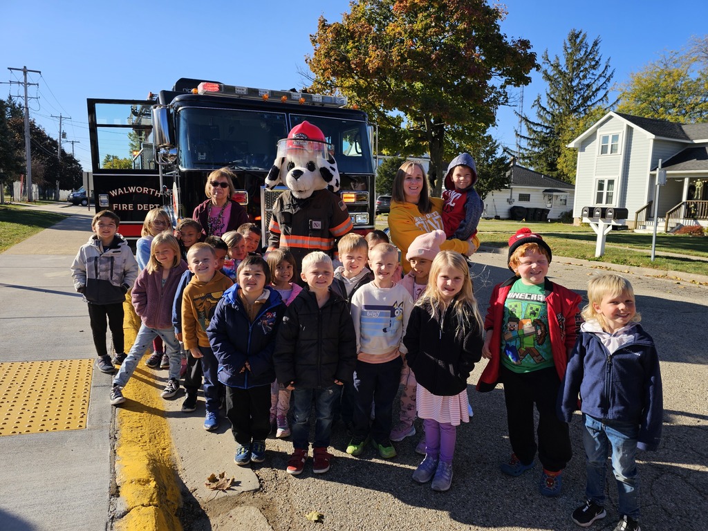 Mrs. Janney's kindergarten class had such a fun time visiting the fire station, learning about fire safety, meeting Sparky, and riding back to school on a fire truck! Thank you Walworth Fire/Rescue! 🚒🔥🚒🔥🚒🔥 #FireSafetyWeek #BetterTogether #WeLoveWalworth #WalworthJ1