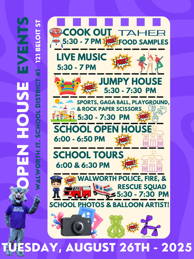Open House is on Tuesday, August 26th. For details, see the schedule below. School picture will also take place during the Open House (more information to come)! We look forward to seeing everyone there! 𝕊𝕔𝕙𝕠𝕠𝕝 𝕆𝕡𝕖𝕟 ℍ𝕠𝕦𝕤𝕖 𝔼𝕧𝕖𝕟𝕥𝕤 Taher Cook Out ~ 5:30-7:00 School Open House ~ 6:00-6:50 School Tours ~ 6:00-6:30 Live Music ~ 5:30-7:00 Walworth Police, Fire, & Rescue Squad ~ 5:30-7:30 Outside Activities (gaga ball, jump house, balloon artist) ~ 5:30-7:30 #WeLoveWalworth #WalworthJ1