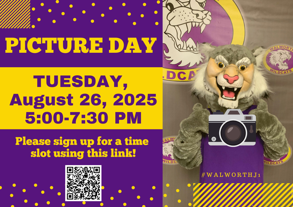 Walworth Jt. Schools: Get your SMILES ready Wildcats!
Picture Day is Tuesday, August 26th from 5:00-7:30 pm.
Please use the link below to sign-up for a time slot! 😁📸
http://bit.ly/4lQZnpG