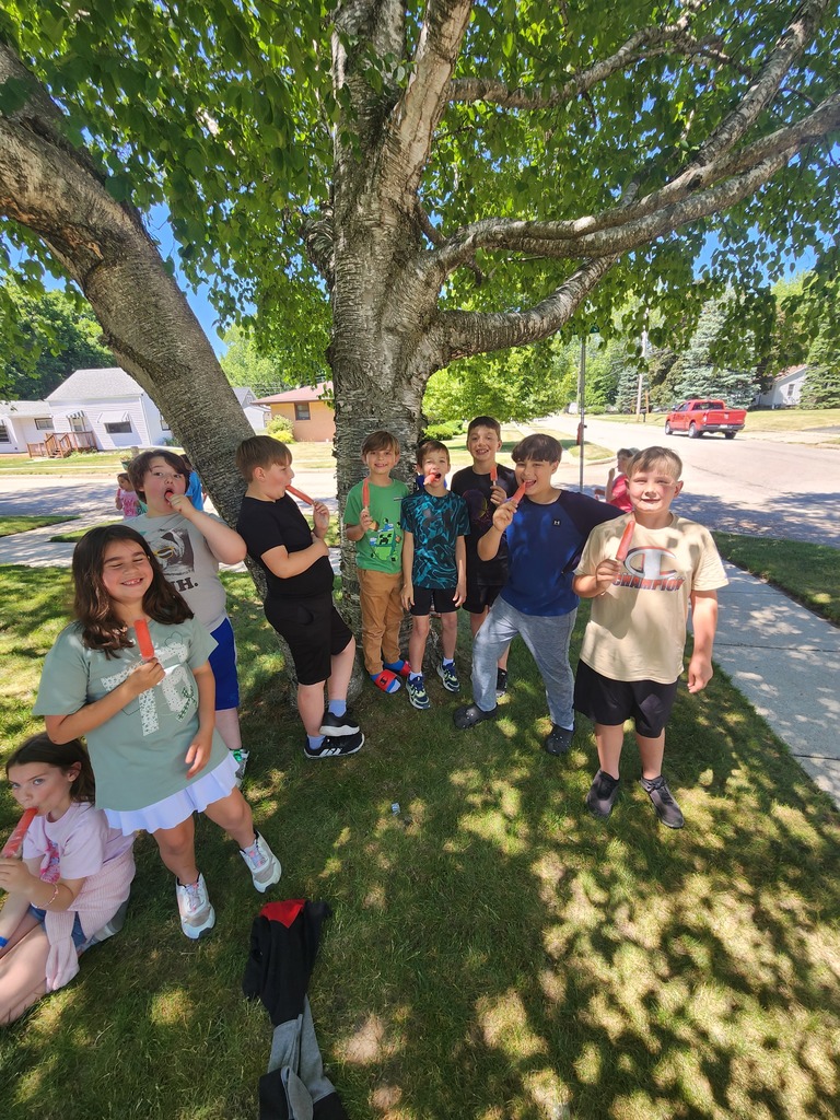 Students by a tree eating popsicles