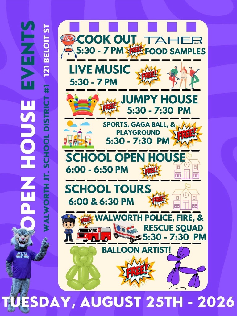 Open House is a week from today on Tuesday, August 25th. For details, see the schedule below. School picture will also take place during the Open House! We look forward to seeing everyone there!  𝕊𝕔𝕙𝕠𝕠𝕝 𝕆𝕡𝕖𝕟 ℍ𝕠𝕦𝕤𝕖 𝔼𝕧𝕖𝕟𝕥𝕤 School Pictures ~ 5:30-7:30 (in gym ) Taher Cook Out ~ 5:30-7:00 School Open House ~ 6:00-6:50 School Tours ~ 6:00-6:30 Live Music ~ 5:30-7:00 Walworth Police, Fire, & Rescue Squad ~ 5:30-7:30 Outside Activities (gaga ball, jump house, balloon artist) ~ 5:30-7:30 #WalworthJ1