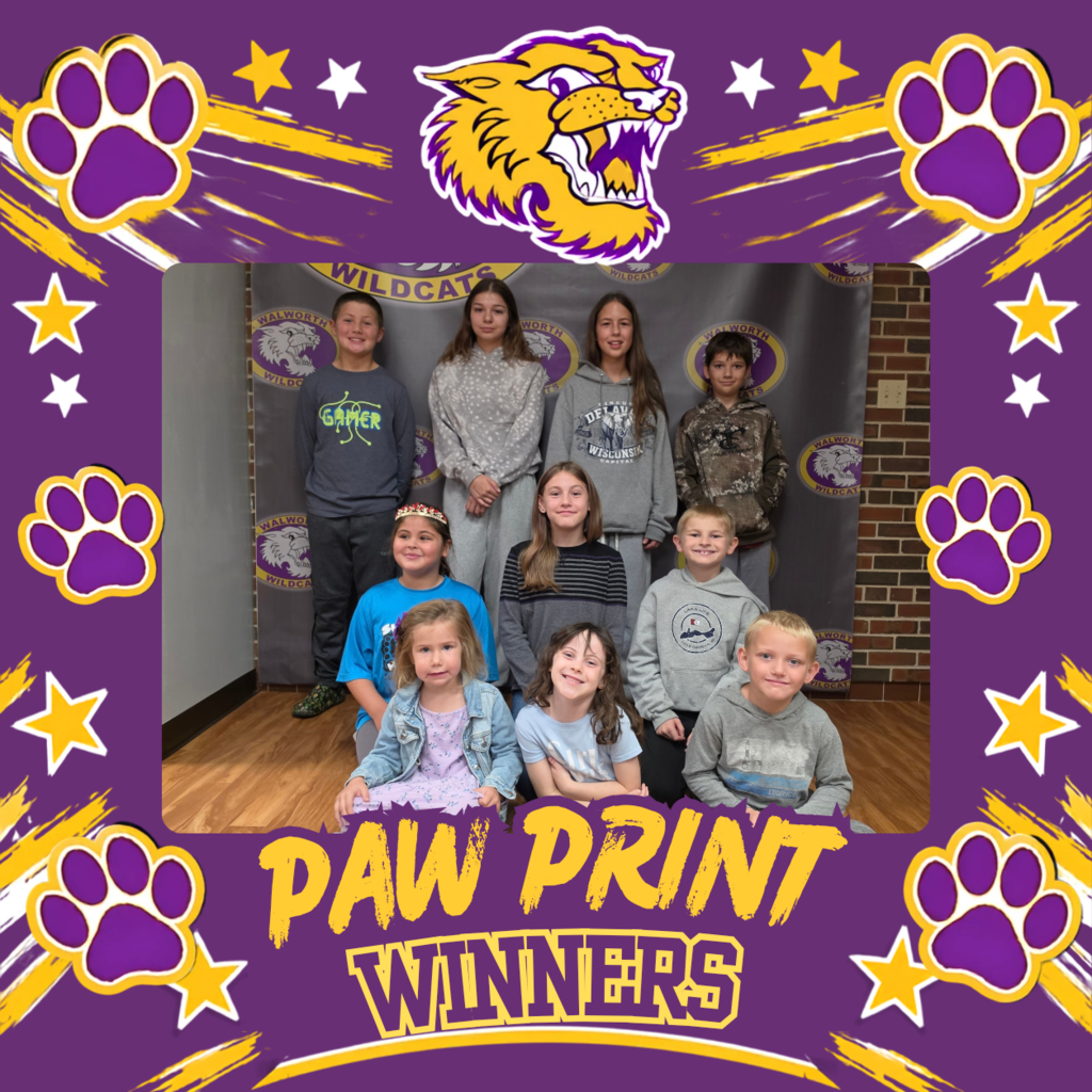 Paw Print Winners - 3 rows of students, 3 sitting, 3 kneeling, 4 standing 