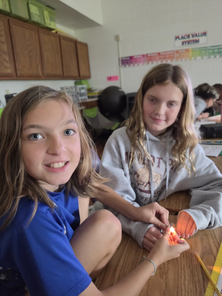 Students lighting a lightbulb with a battery.