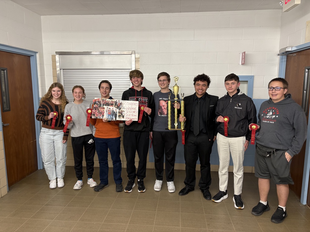 Academic Team Finishes 2nd Allen County Tournament: Students holding ribbons and trophy