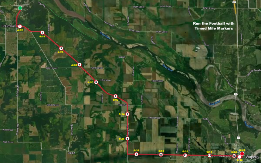 Map of the route with mile markers and estimated times