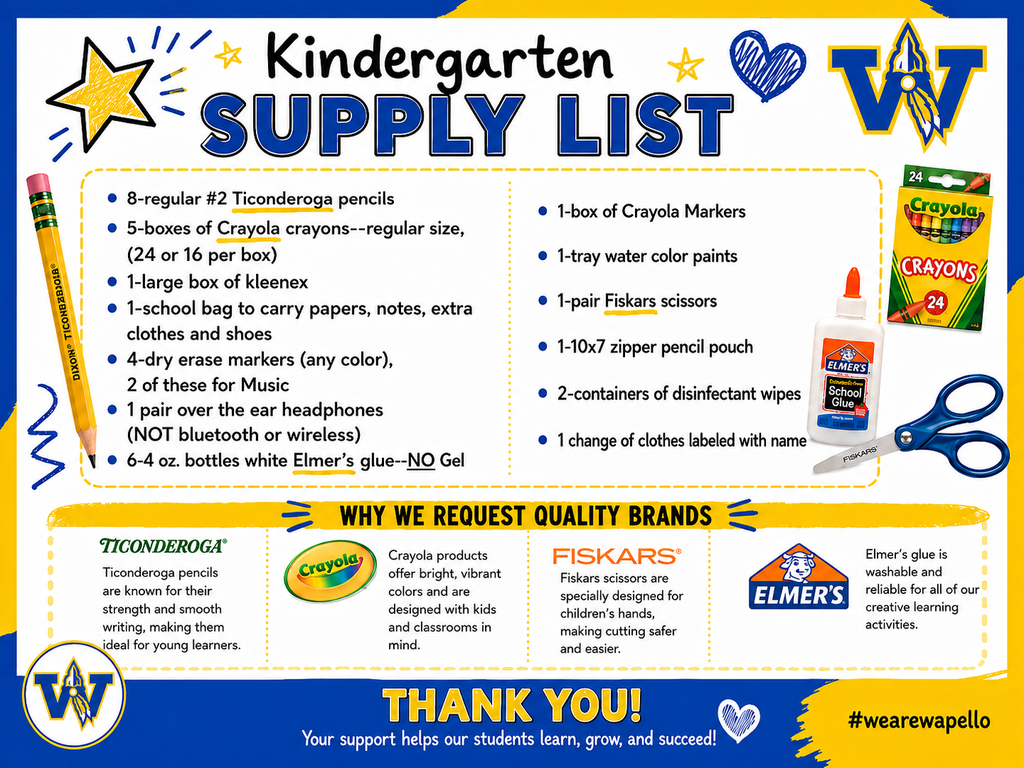 Kindergarten Supply List for 26-27 School Year.