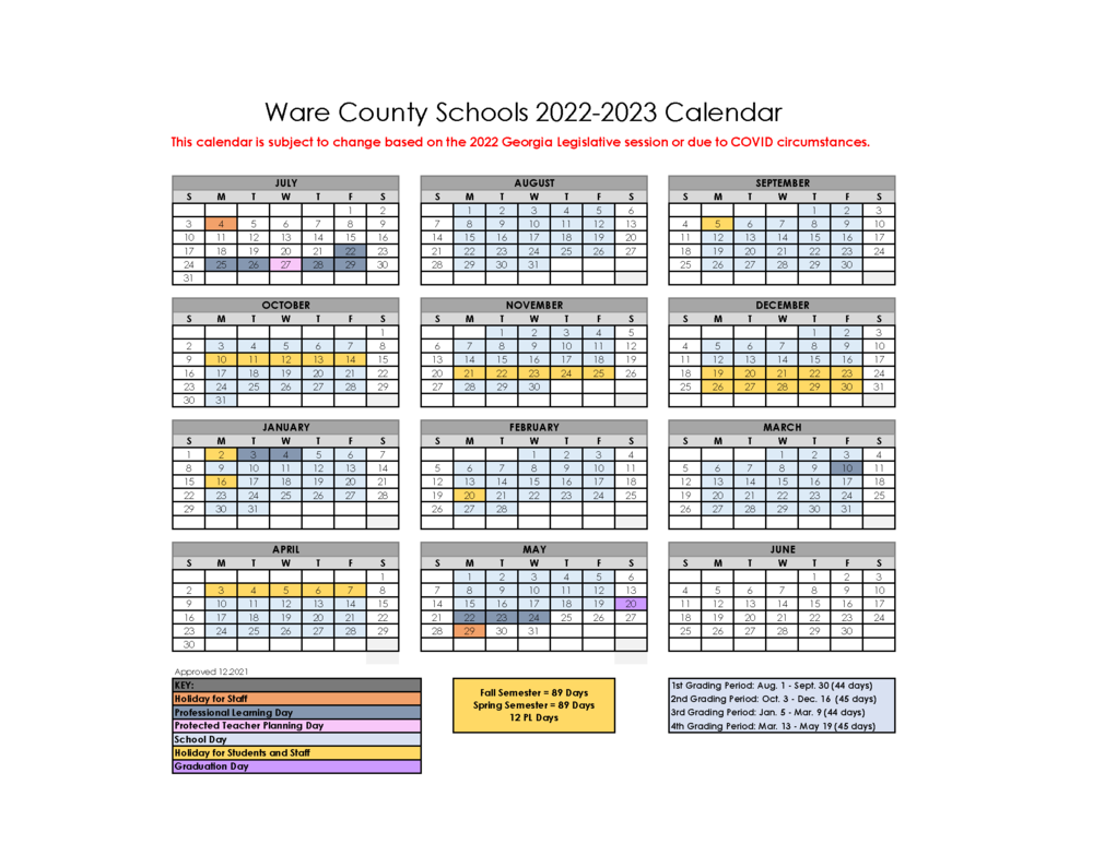 2022-2023 WCS Calendar | Ware County Schools