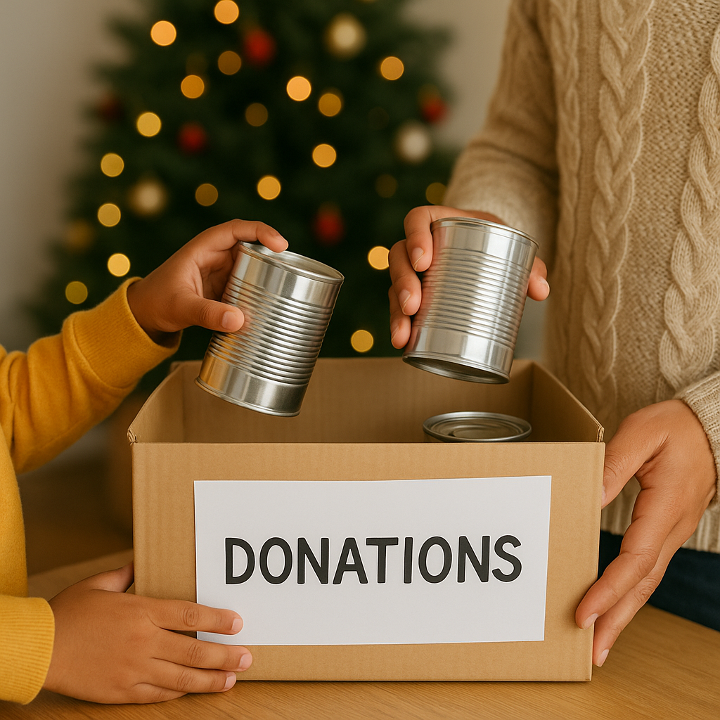 family donating canned goods
