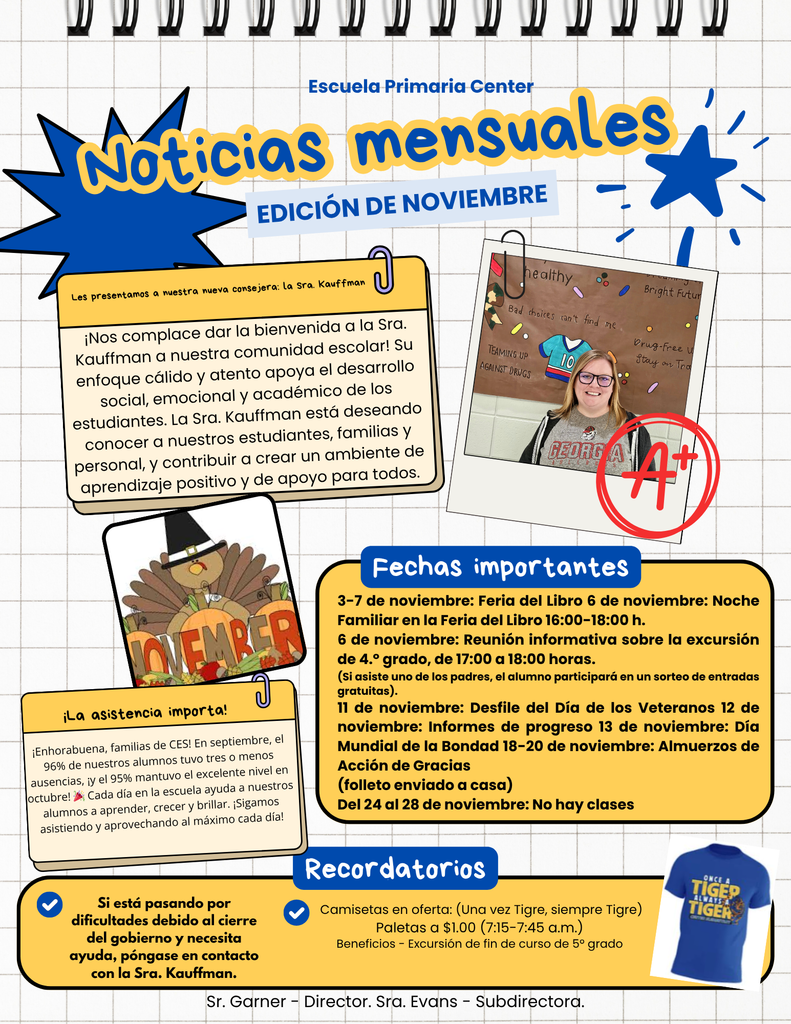 ¡Hola, Tigres de Center! Manténganse informados—¡revisen el boletín de noviembre!