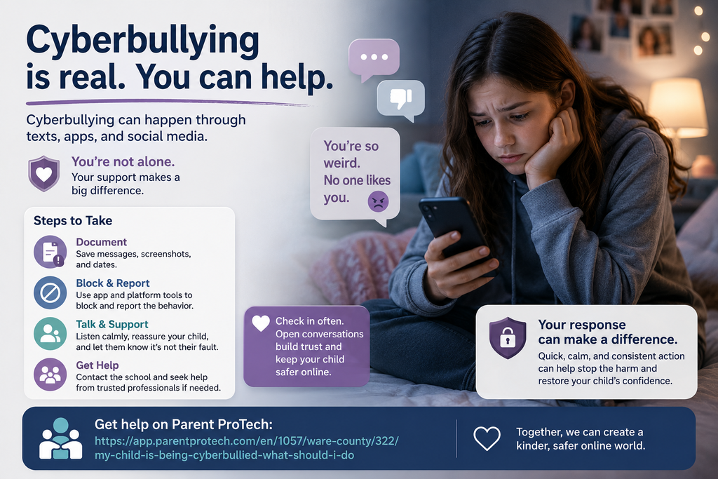 A cyberbullying awareness graphic showing a worried young girl looking at hurtful messages on her phone. The graphic encourages parents to document the bullying, block and report offenders, talk with and support their child, and seek help when needed, with a link to Parent ProTech for additional guidance.