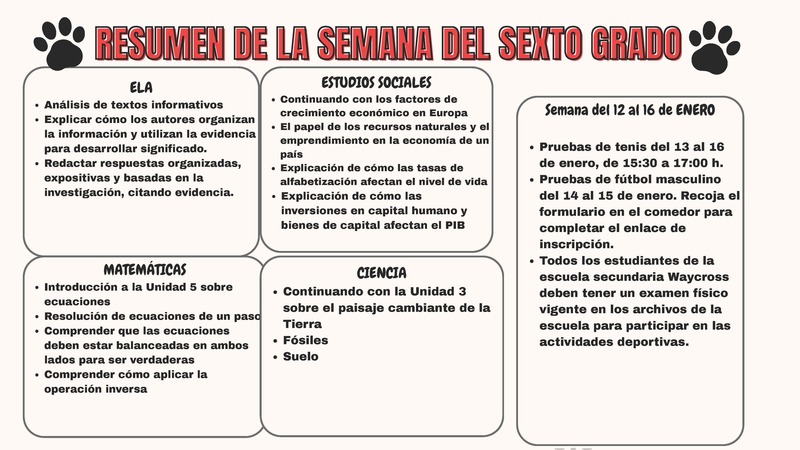 6th Grade Week at a Glance