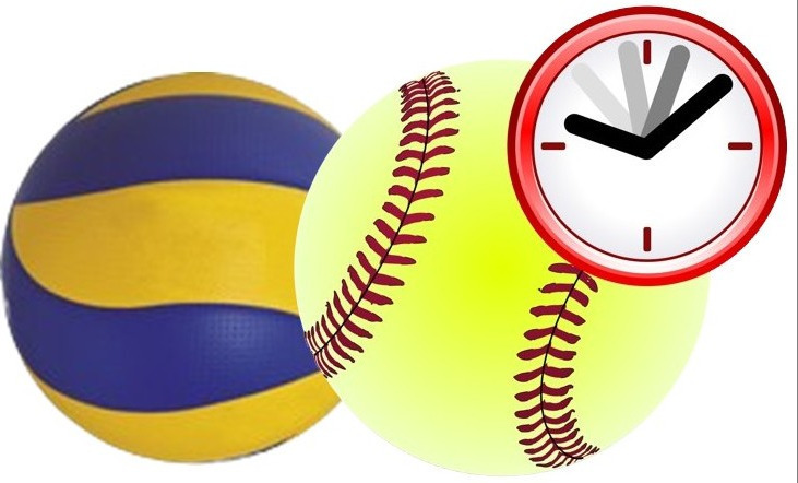 Images of a volleyball, softball, and a clock.