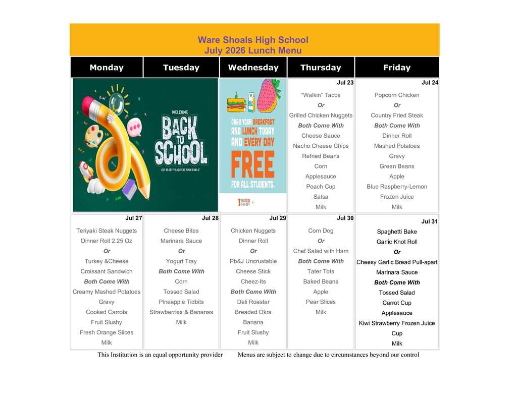 WSH July Lunch Menu