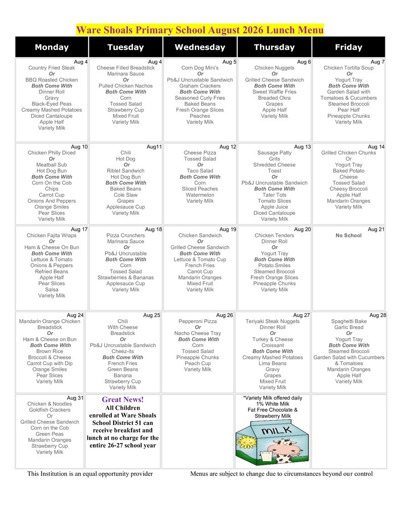 WSP August Lunch Menu
