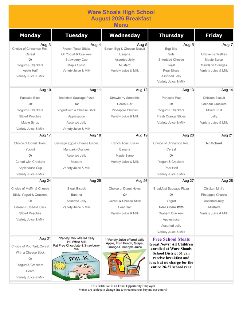 WSH August Breakfast Menu