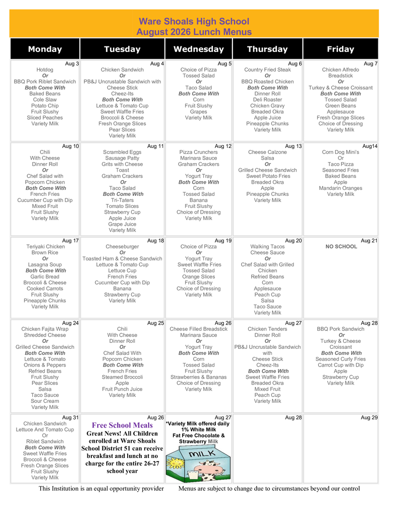 WSH August Lunch Menu