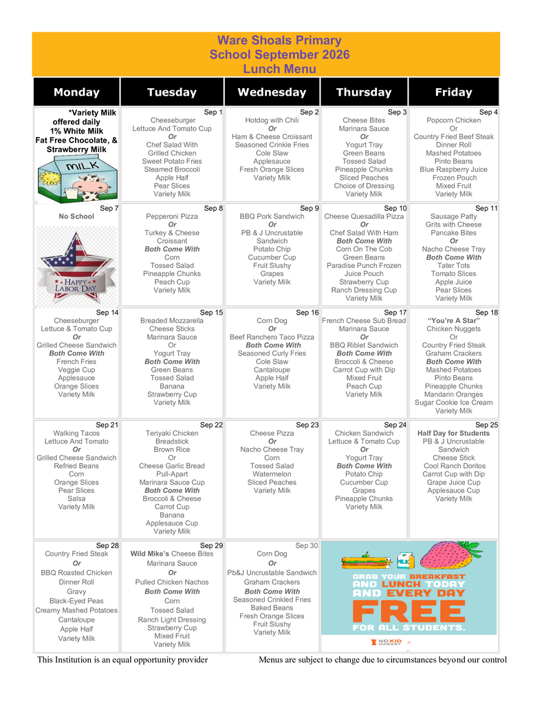 WSP September Lunch Menu