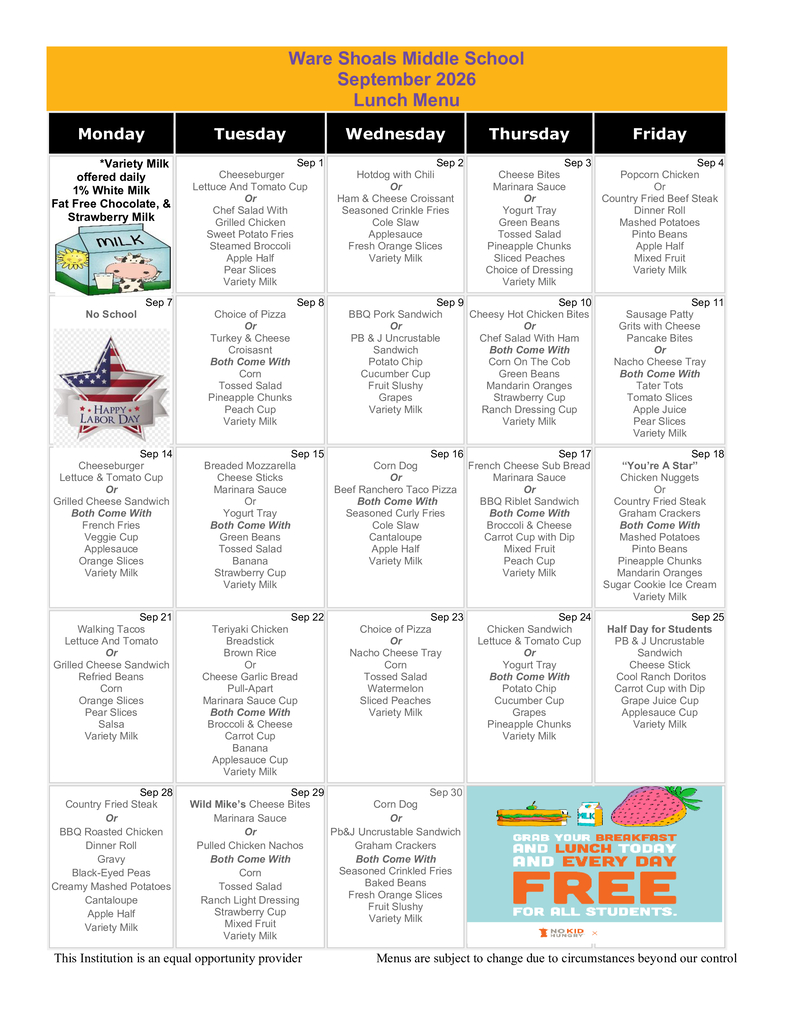 WSM September Lunch Menu