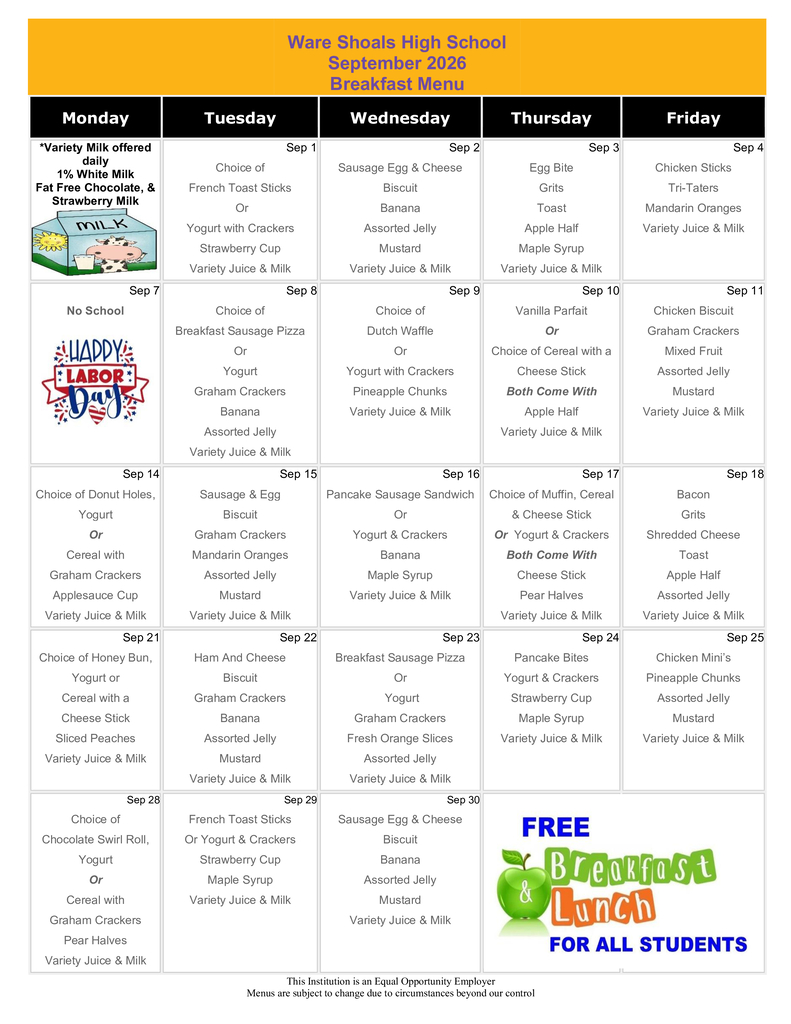 WSH September Breakfast Menu