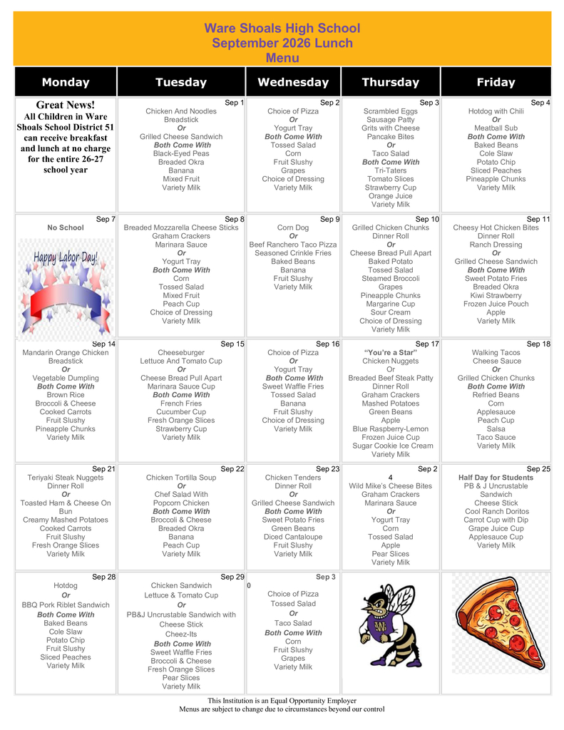 WSH September Lunch Menu
