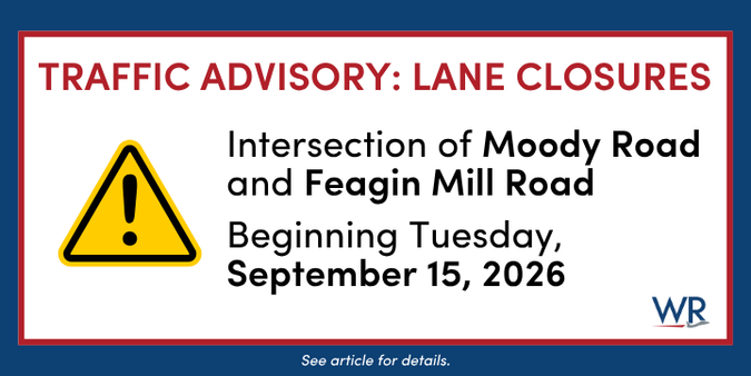 The City of Warner Robins would like to notify motorists of upcoming lane closures at the intersection of Moody Road and Feagin Mill Road beginning Tuesday, September 15, 2026, as crews perform asphalt work.
