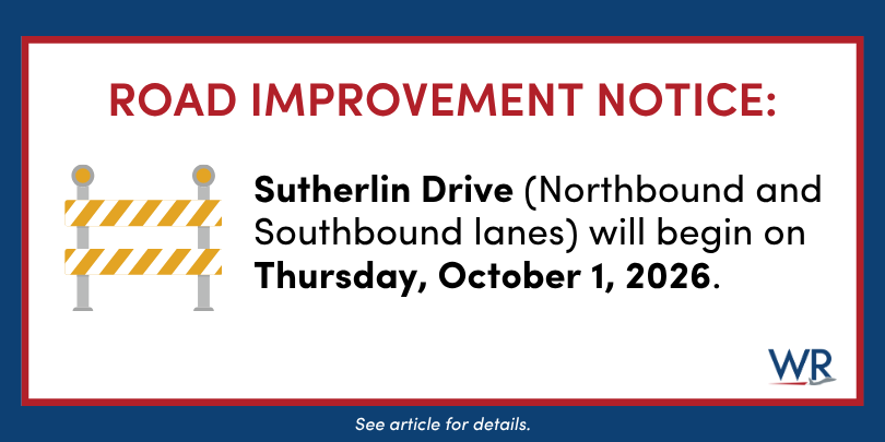 Roadwork on Sutherlin Drive, affecting both northbound and southbound lanes, will begin on Thursday, October 1, 2026.