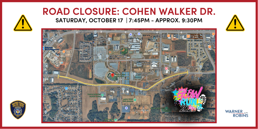 Motorists should be aware of a temporary road closure on Saturday, October 17, due to the Warner Robins Police Department’s Glow Run 5K.