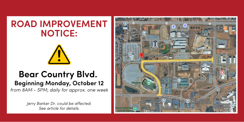 Asphalt improvements on Bear Country Blvd. are scheduled to begin on Monday, October 12, 2026.