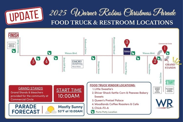 City of Warner Robins host Christmas parade December 13 at 10 AM on Watson Boulevard