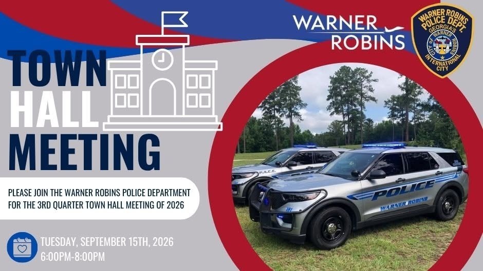 The Warner Robins Police Department invites residents to attend its third Community Town Hall on Tuesday, September 15, 2026, from 6:00 p.m. to 8:00 p.m. at the community building located at Ted Wright Park, located at 2841 Moody Rd, Warner Robins, Georgia.