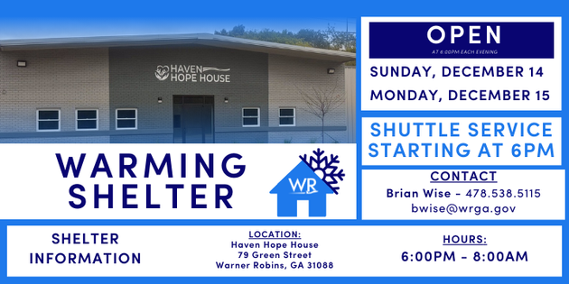 City of Warner Robins Announces Warming Shelter Availability Ahead of Cold Temperatures