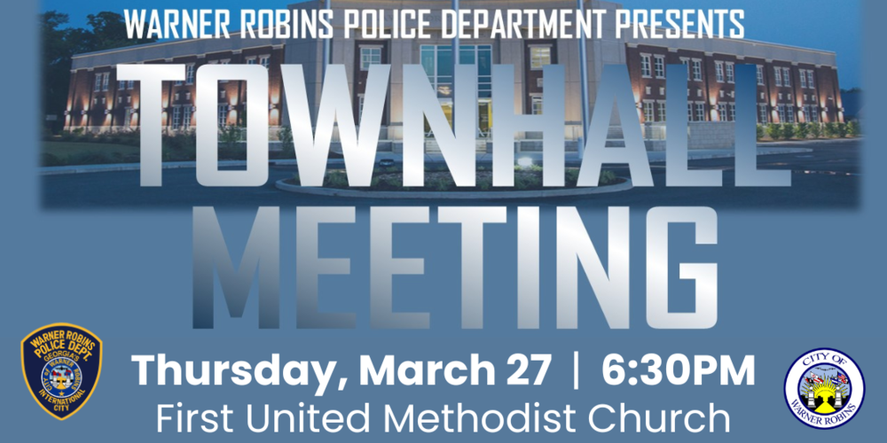 The Warner Robins Police Department (WRPD) invites residents to participate in a town hall meeting scheduled for March 27, 2025. The meeting will begin at 6:30 PM at First United Methodist Church, Carter Hall in the C Building, located at 205 N. Davis Dr. Warner Robins, GA 31093.