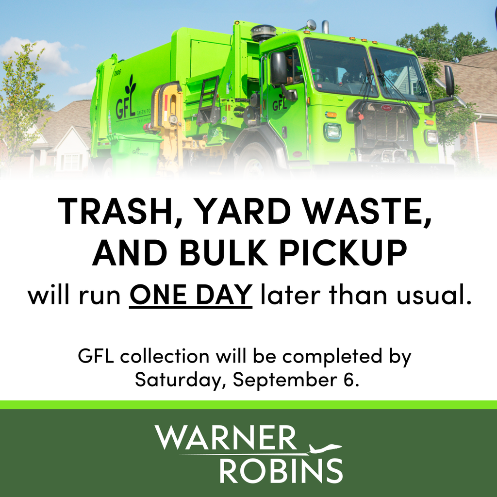 trash, yard waste, and bulk pickup services will run one day later than usual during the week of September 1–6, 2025. All routes will shift forward by one day, and GFL Environmental will complete collection by Saturday, September 6, 2025.