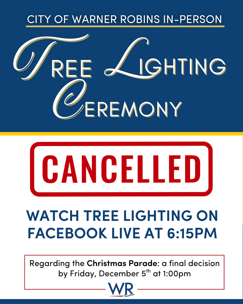 Due to the forecast of inclement weather the difficult decision to cancel the in-person Christmas Tree Lighting Ceremony today. Watch us light the tree on the City's Facebook Live at 6:15PM.