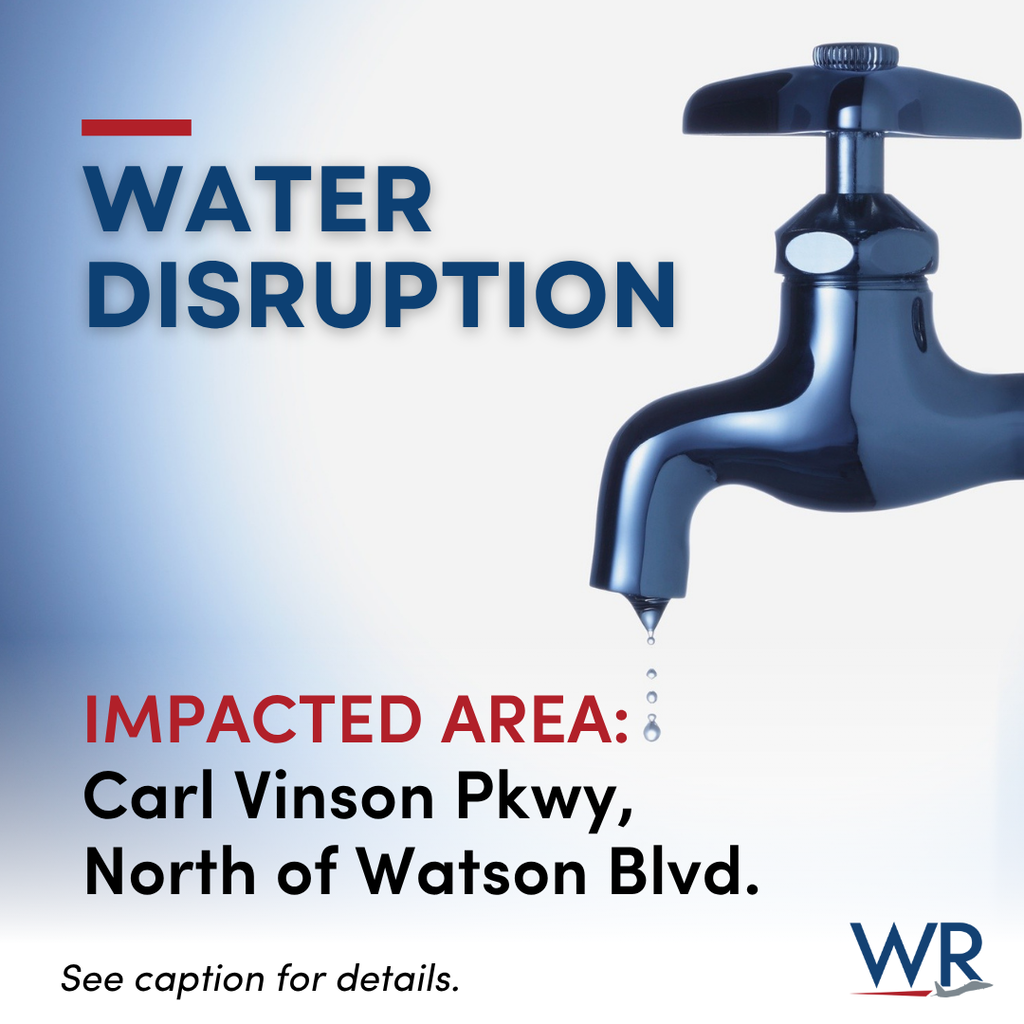 🚧 WATER MAIN BREAK | SERVICE DISRUPTION 🚧  The City of Warner Robins is responding to a water main break causing service disruptions for businesses and residents along Carl Vinson Pkwy north of Watson Blvd.  💧 City crews are on site and working to restore service as quickly and safely as possible.  We appreciate your patience and understanding. Please follow the City’s social media channels for updates.