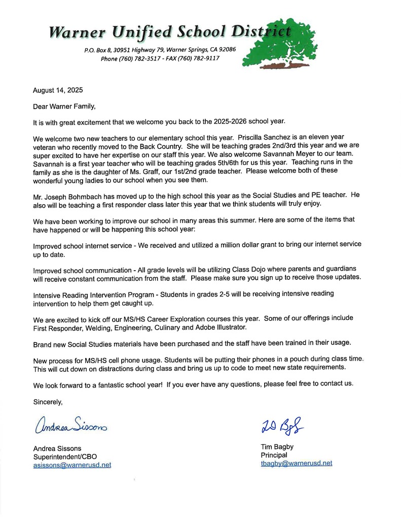 Welcome back letter 25-26